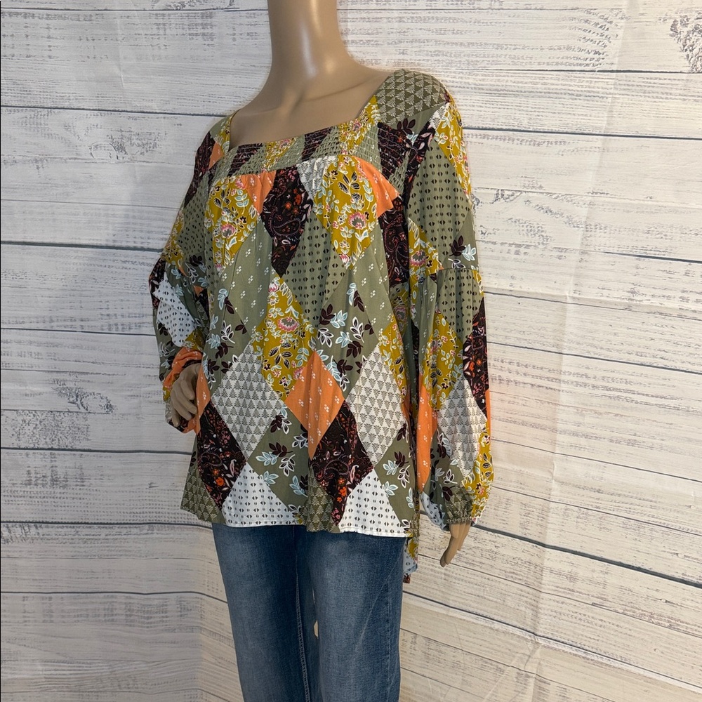 NWOT Patchwork Print Long-Sleeve Peasant Top in Olive & Orange